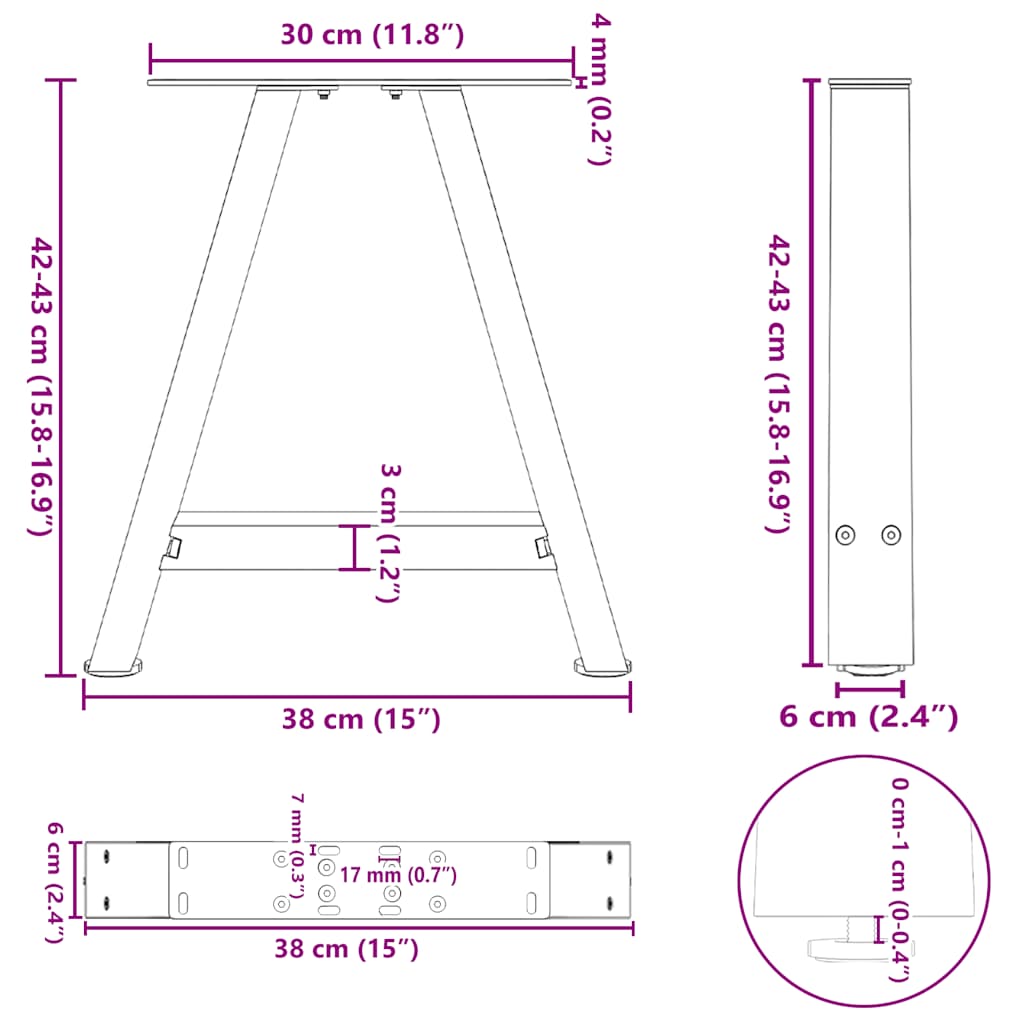 Nohy konferenčního stolku ve tvaru A 2 ks 38x(42-43) cm ocel