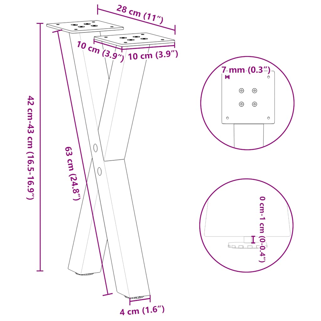 Nohy konferenčního stolku ve tvaru X 2 ks černé 28x(42-43) cm