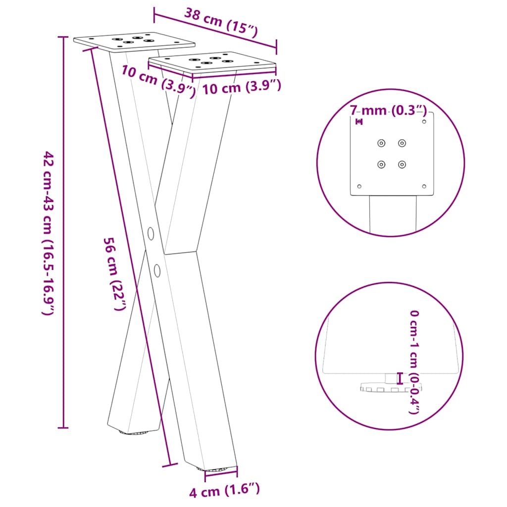 Nohy konferenčního stolku ve tvaru X 2 ks černé 38x(42-43) cm