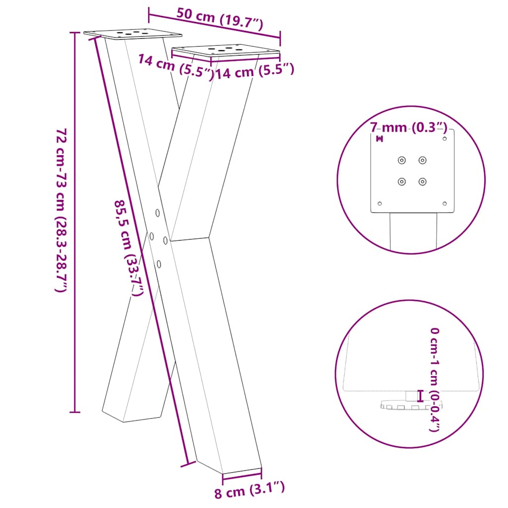 Nohy jídelního stolku ve tvaru X 2 ks 50x(72-73) cm ocel