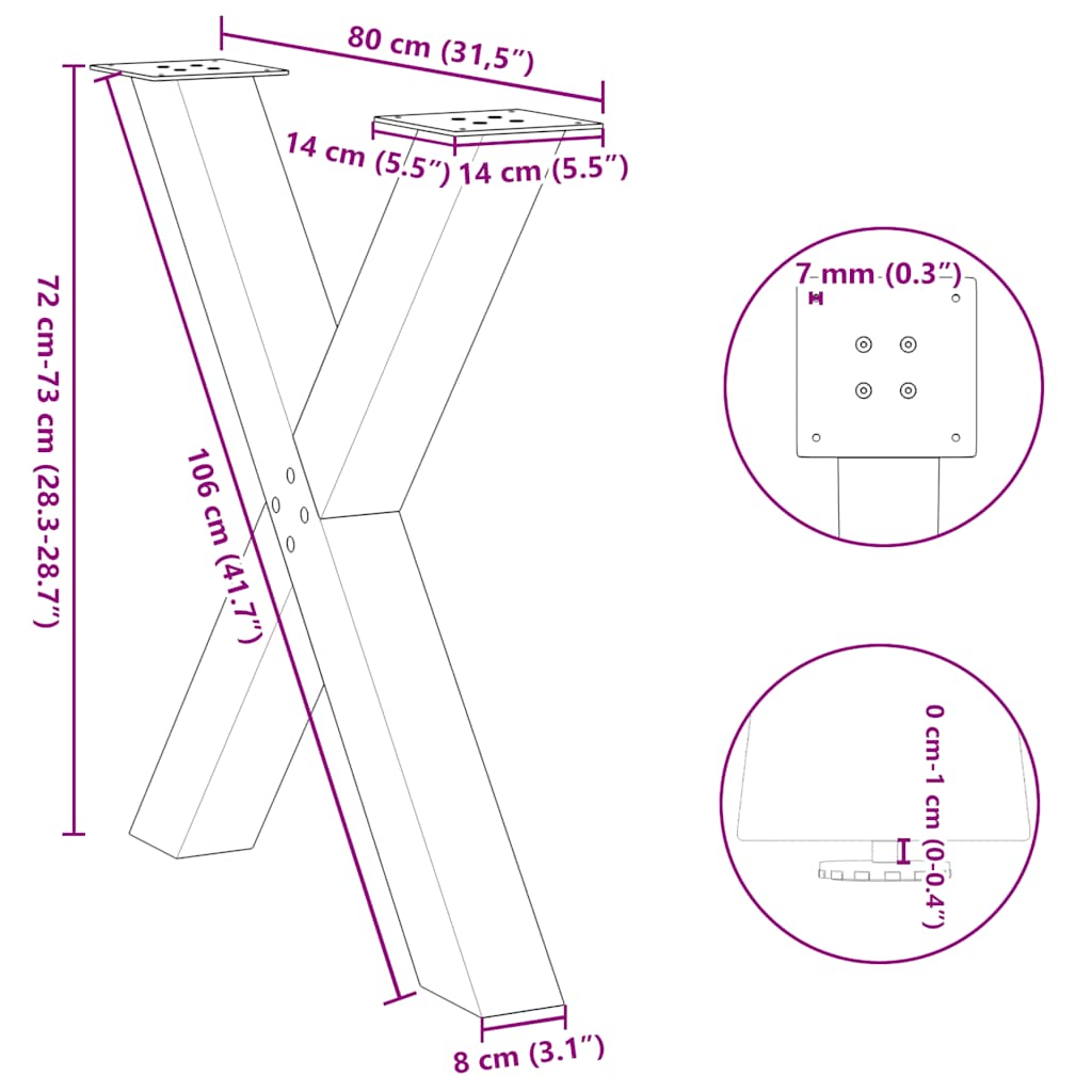 Nohy jídelního stolku ve tvaru X 3 ks 80x(72-73) cm