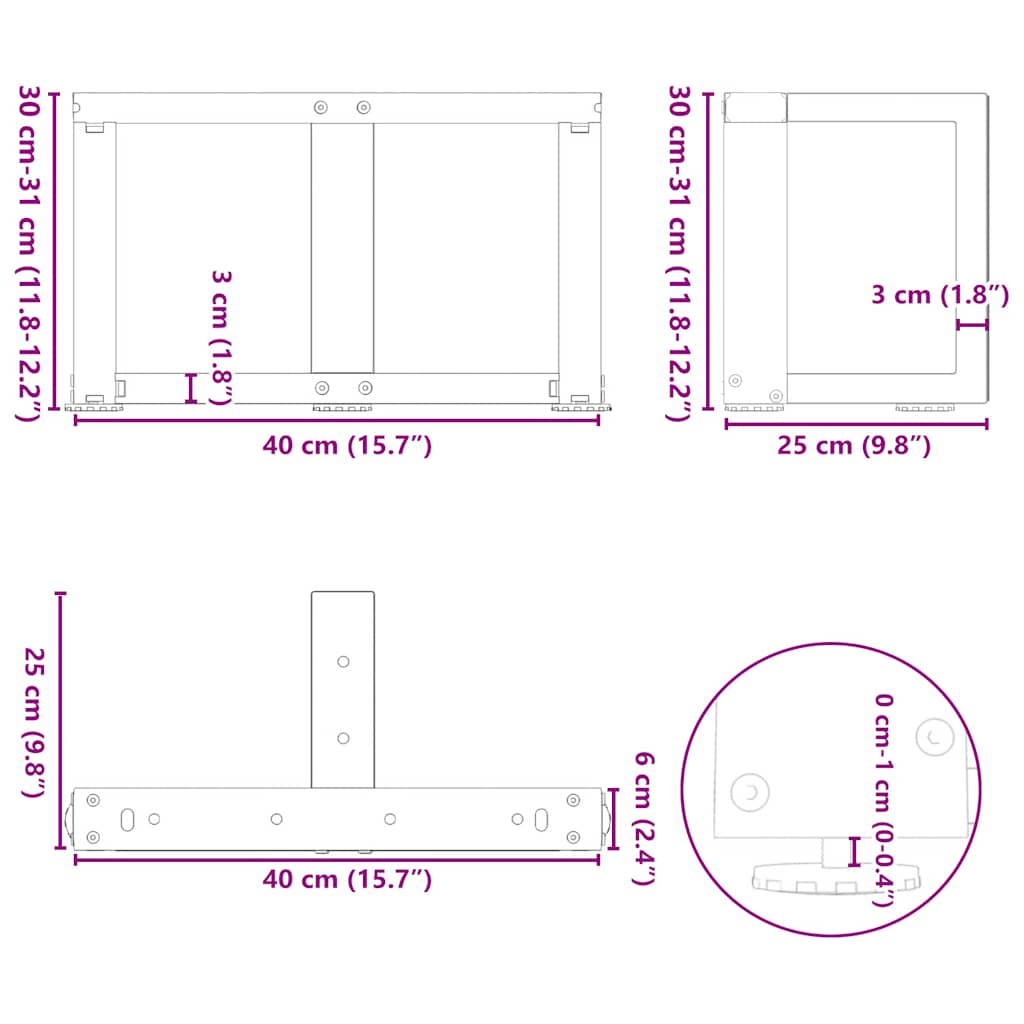 Nohy konferenčního stolku ve tvaru T 2 ks černé 40x25x(30-31)cm