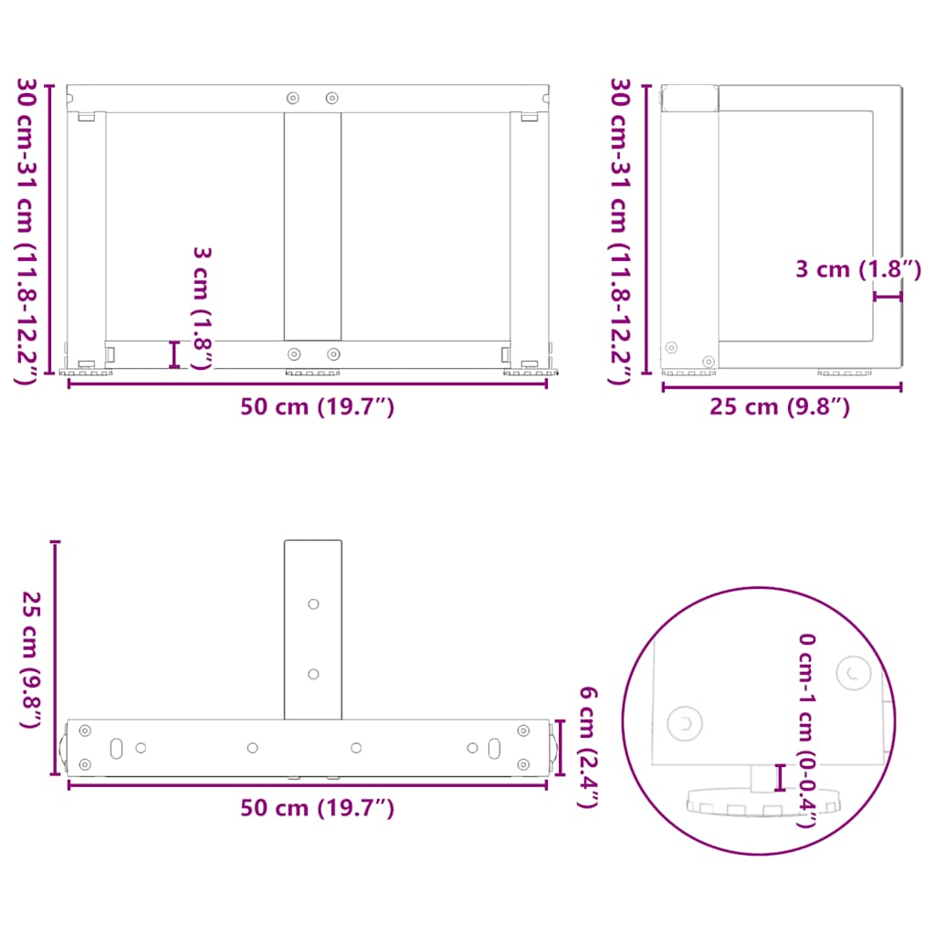 Nohy konferenčního stolku ve tvaru T 2 ks černé 50x25x(30-31)cm