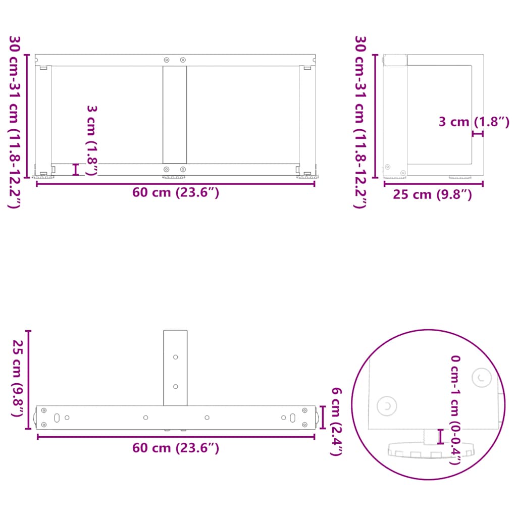 Nohy konferenčního stolku ve tvaru T 2 ks černé 60x25x(30-31)cm