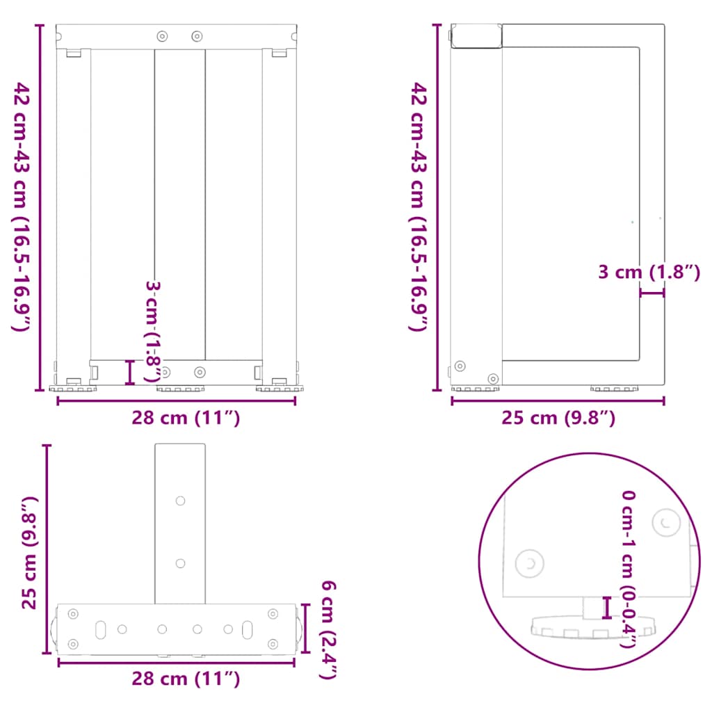 Nohy konferenčního stolku ve tvaru T 2 ks černé 28x25x(42-43)cm