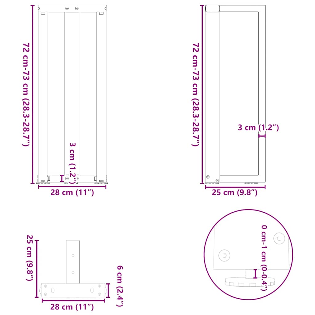 Nohy konzolové stolku ve tvaru T 2 ks 25x28x(72-73) cm