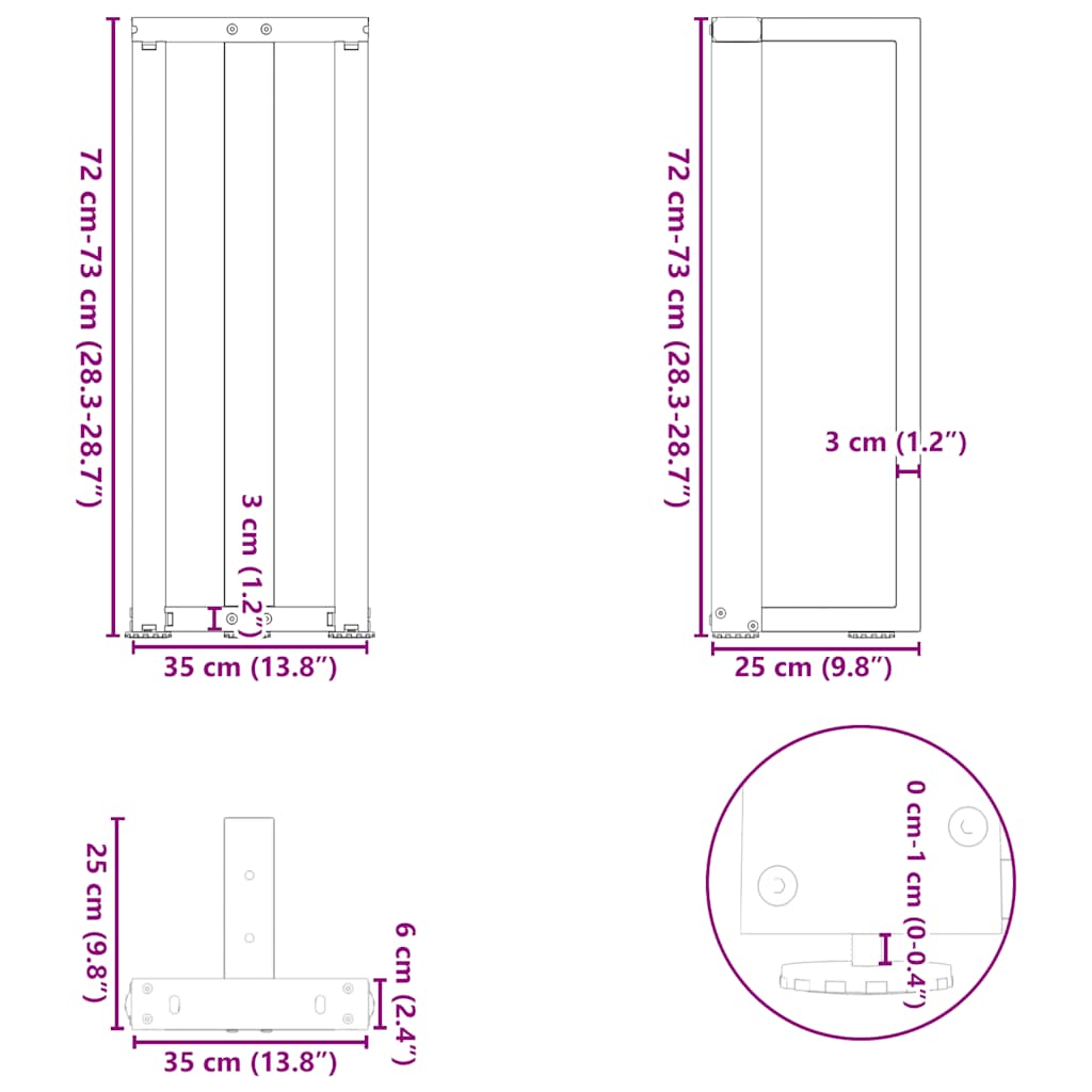 Nohy konzolové stolku ve tvaru T 2 ks černé 38x25x(72-73) cm