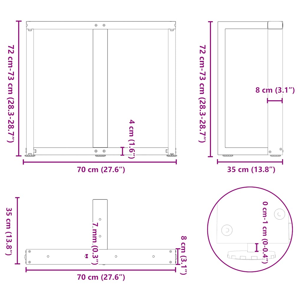 Nohy jídelního stolku ve tvaru T 2 ks černé 70x35x(72-73) cm