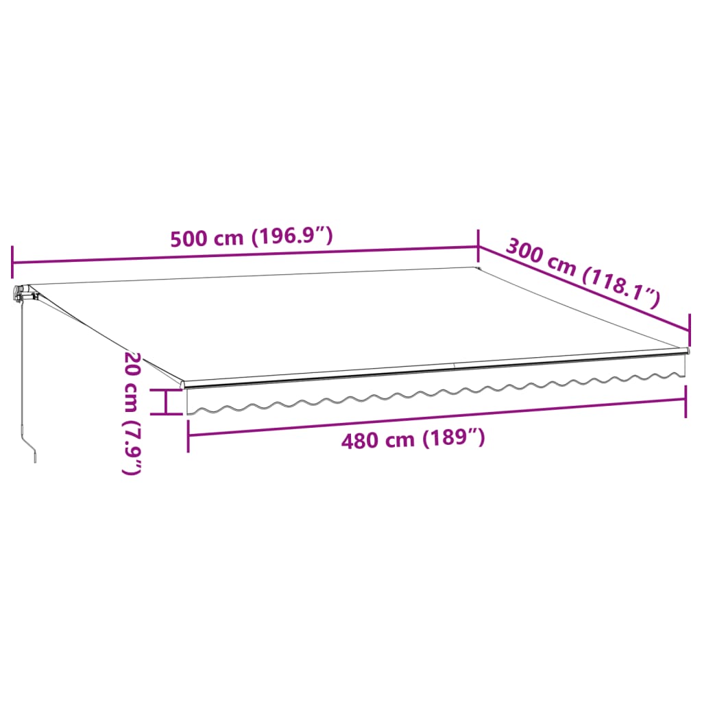 Ručně zatahovací markýza s LED antracitová a bílá 500 x 300 cm