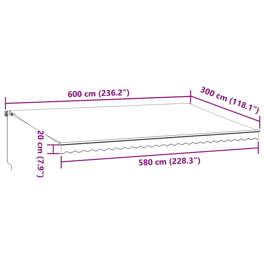 Ručně zatahovací markýza s LED antracitová a bílá 600 x 300 cm