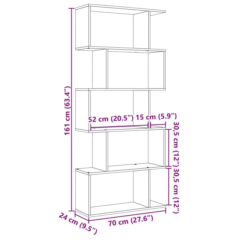 Knihovna/dělící stěna 5patrová hnědý dub 70x24x161 cm kompozit