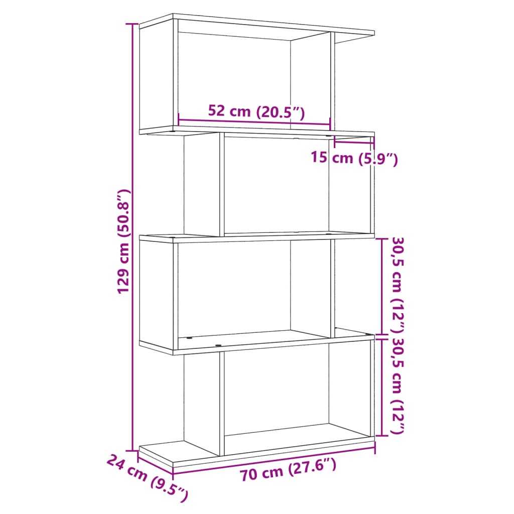 Knihovna/dělící stěna 4patrová kouřový dub 70x24x129cm kompozit