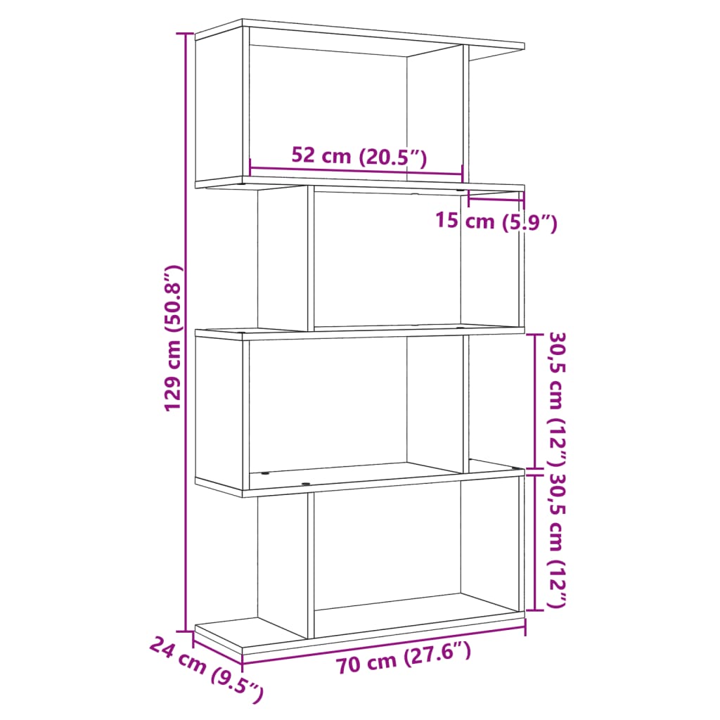 Knihovna/dělící stěna 4patrová old wood 70x24x129 cm kompozit