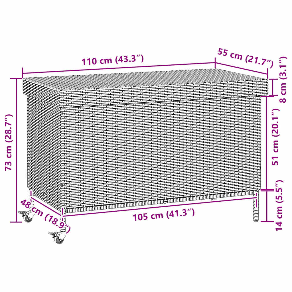 Zahradní úložný box s kolečky černý 110x55x73 cm polyratan