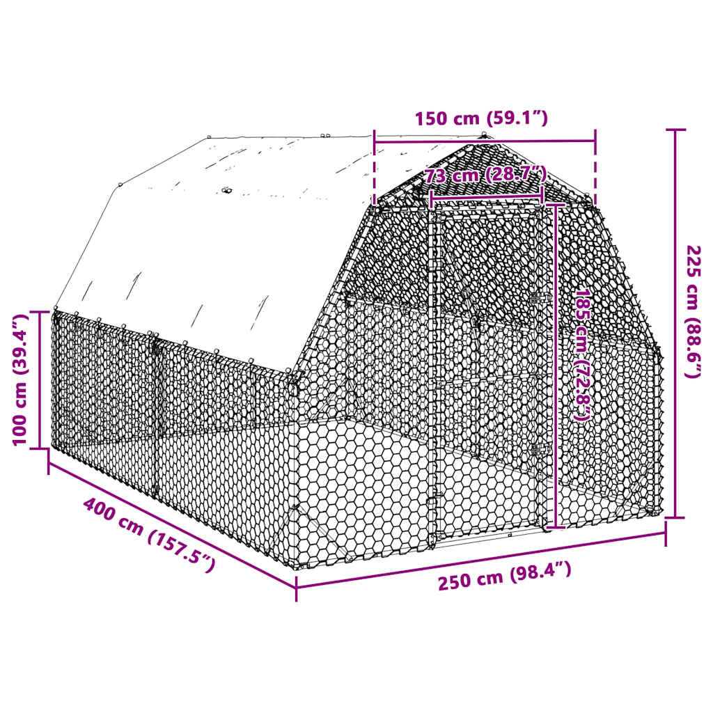 Výběh pro slepice se střechou 2,5x4x2,25 m pozinkovaná ocel