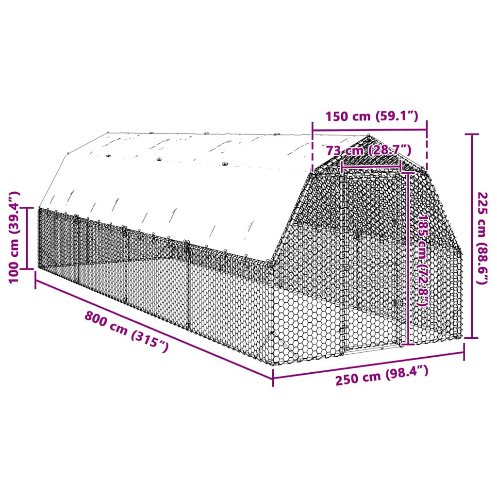 Výběh pro slepice se střechou 2,5x8x2,25 m pozinkovaná ocel