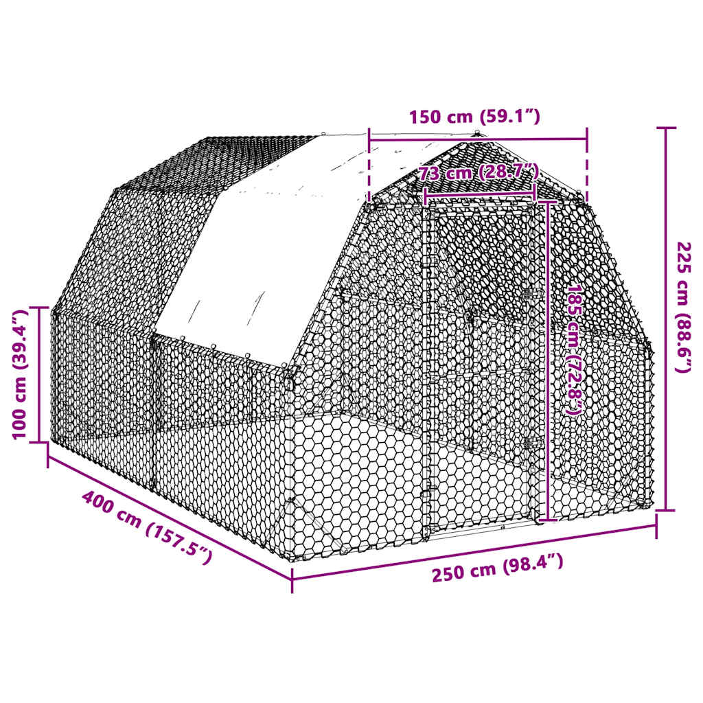 Výběh pro slepice se střechou 2,5x4x2,25 m pozinkovaná ocel