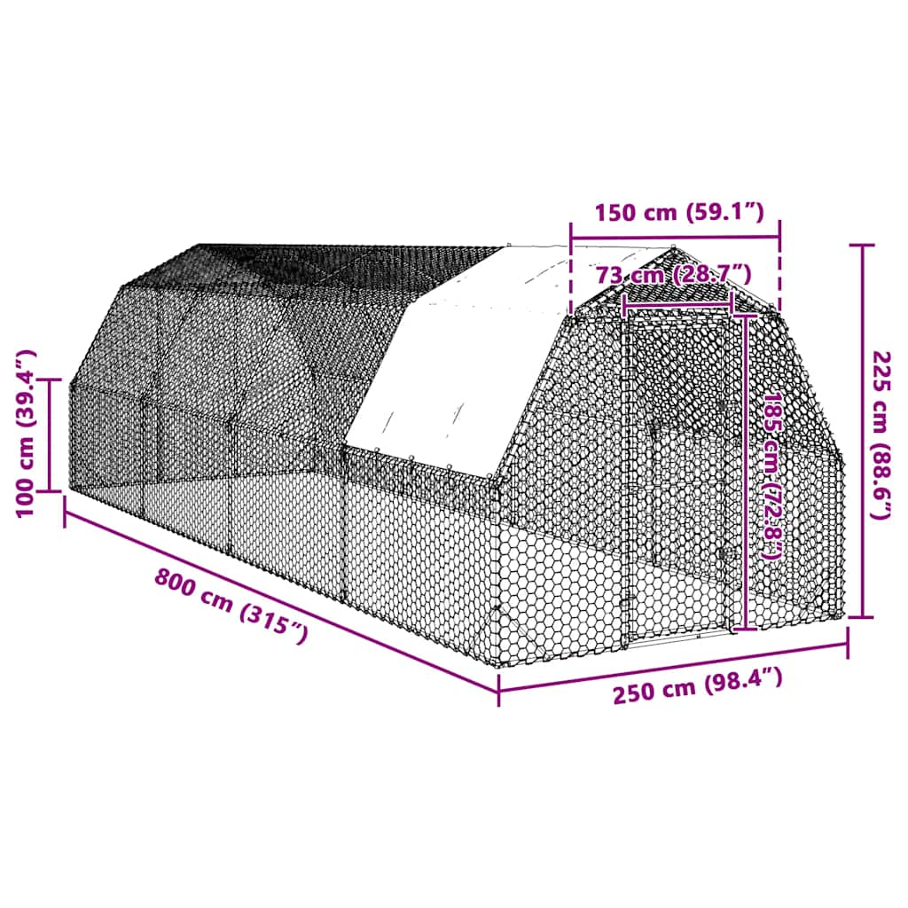 Výběh pro slepice se střechou 2,5x8x2,25 m pozinkovaná ocel