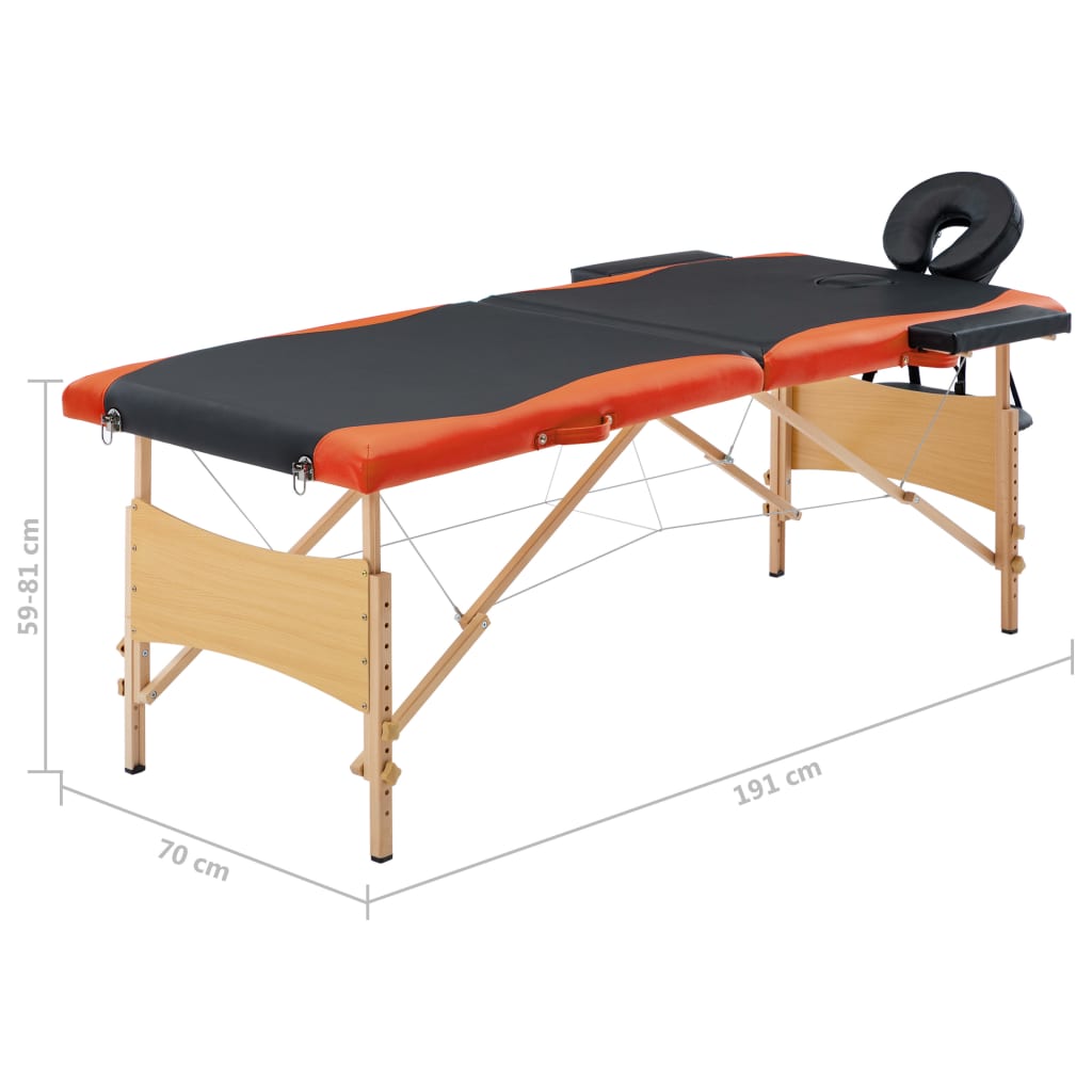 Skládací masážní stůl 2 zóny dřevěný černý a oranžový