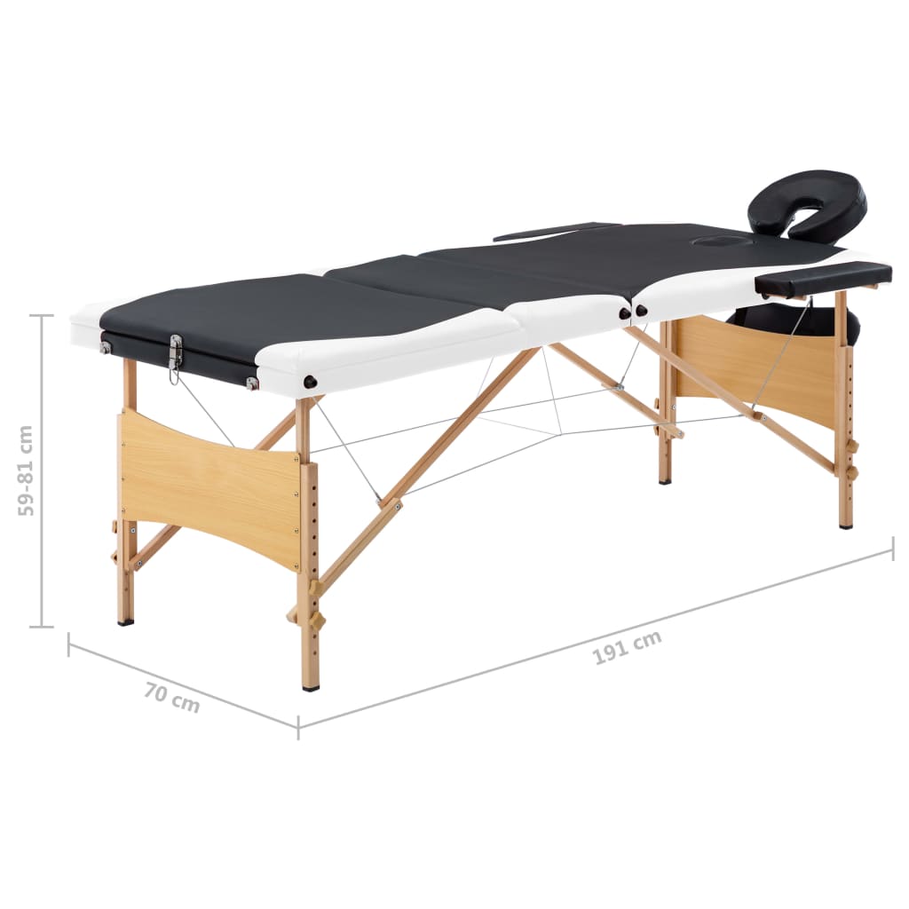 Skládací masážní stůl 3 zóny dřevěný černý a bílý