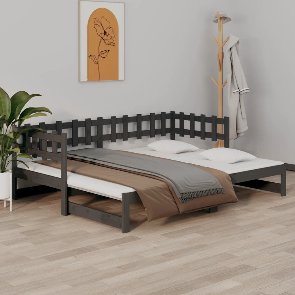 Výsuvná postel šedá 2x (90 x 200) cm masivní borovice